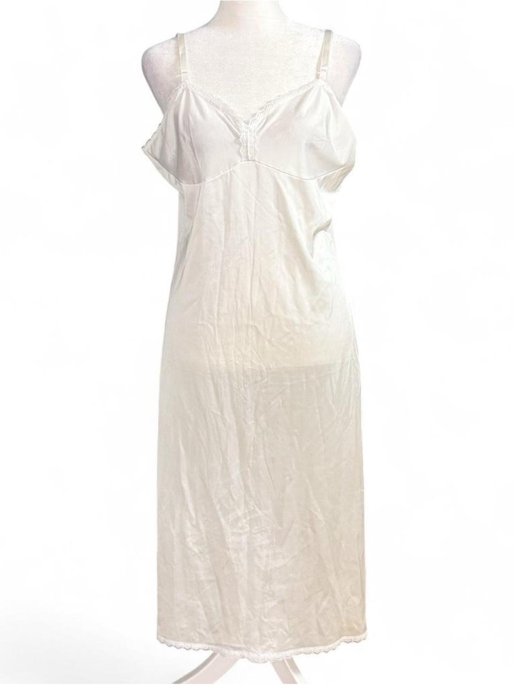 Vintage White Full Slip Dress Lace Trim Adjustable Straps L/XL